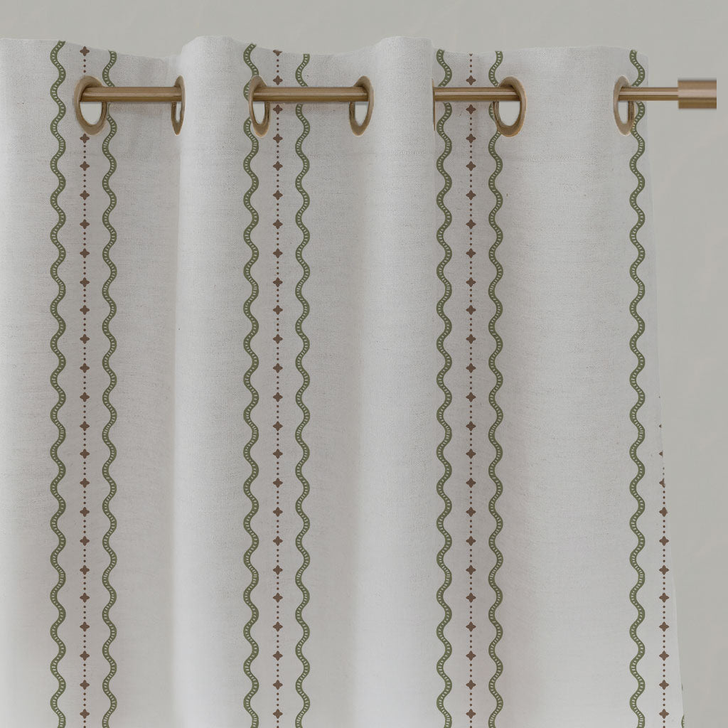 Green Striped Linen Eyelet Curtains - Daphne Moss-WHT - White base fabric.