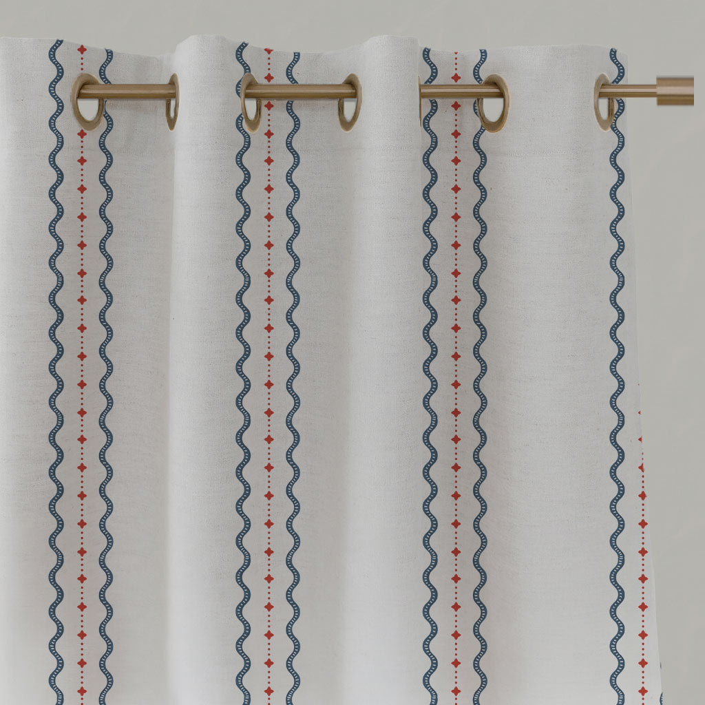 Red / Blue Striped Linen Eyelet Curtains - Daphne Red Ink-WHT - White base fabric.