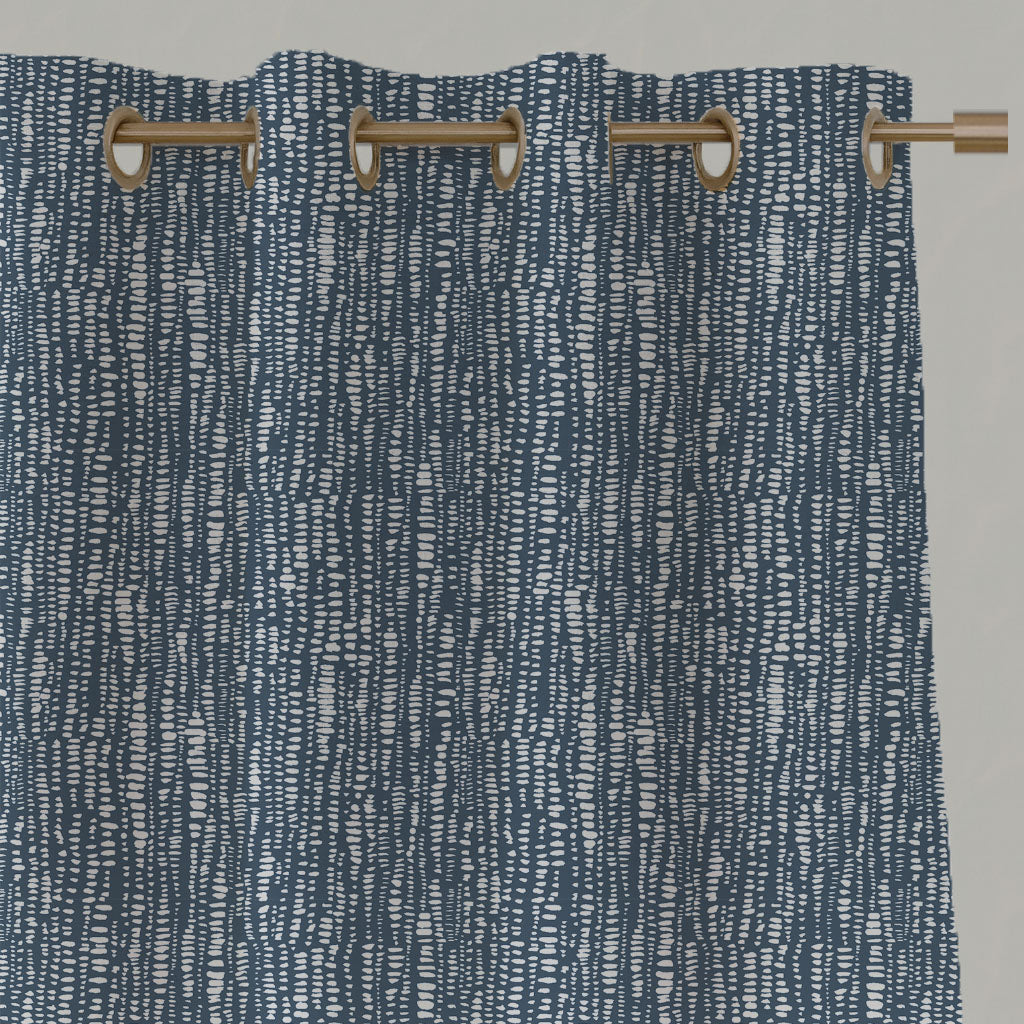 Blue Patterned Linen Eyelet Curtains - Dora-INV-WHT Ink - White base fabric.