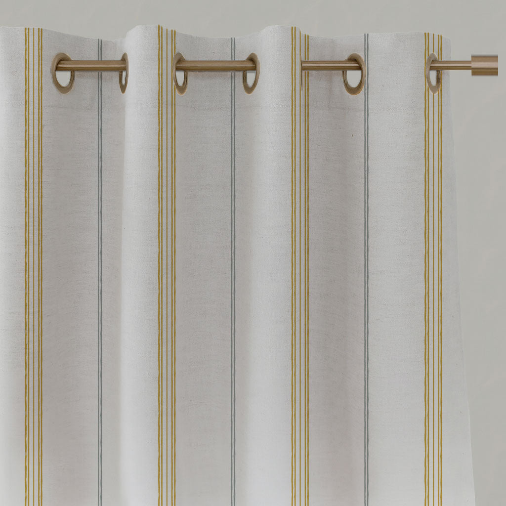 Grey / Yellow Striped Linen Eyelet Curtains - Elise Dijon-WHT - White base fabric.