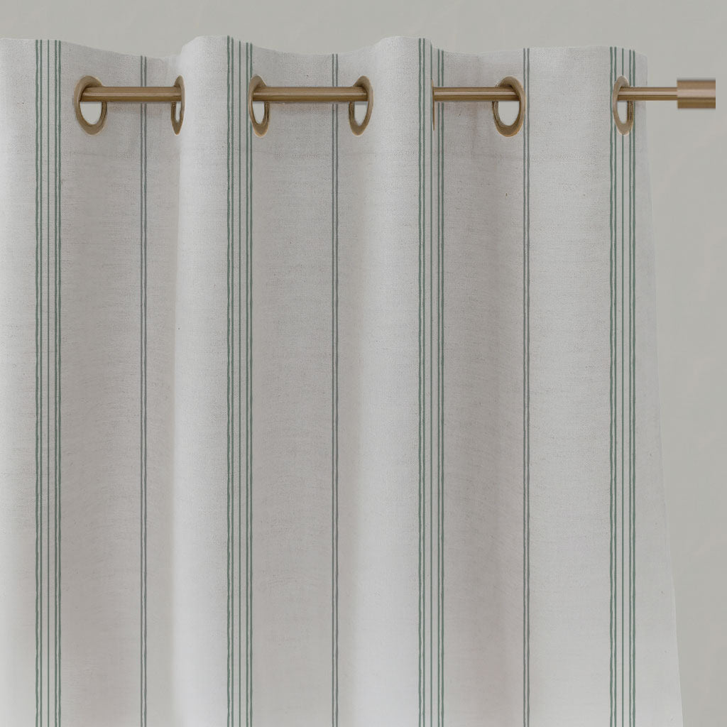 Grey / Green Striped Linen Eyelet Curtains - Elise Meadow-WHT - White base fabric.