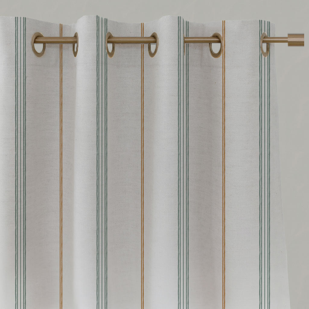Green / Orange Striped Linen Eyelet Curtains - Elise Sage Ochre-WHT - White base fabric.