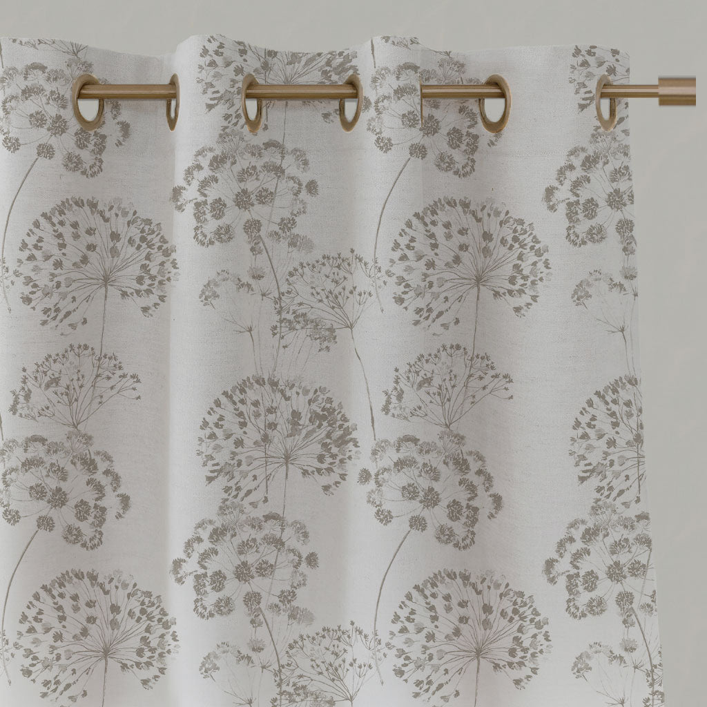 Neutral / Grey Floral Linen Eyelet Curtains - Erleen Almond - White base fabric.