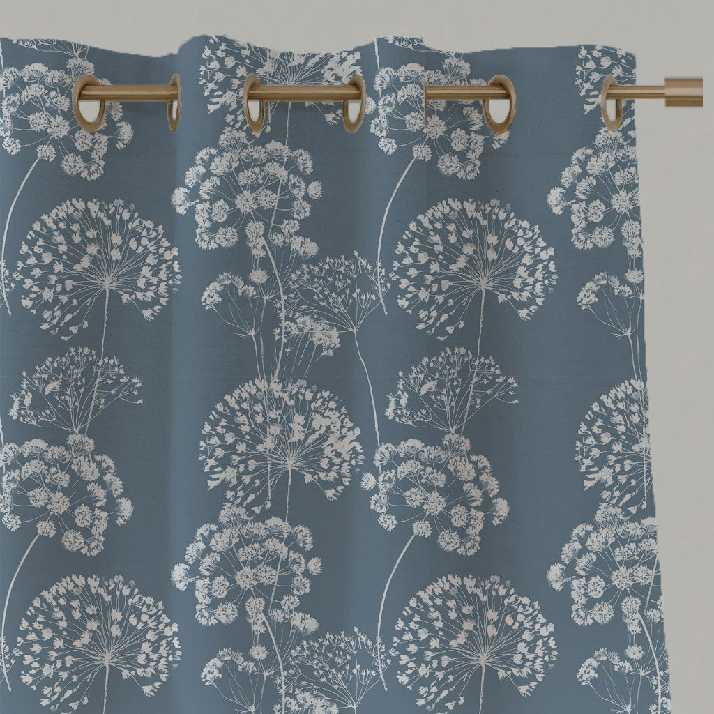 Blue Floral Linen Eyelet Curtains - Erleen INV Agate Blue - White base fabric.