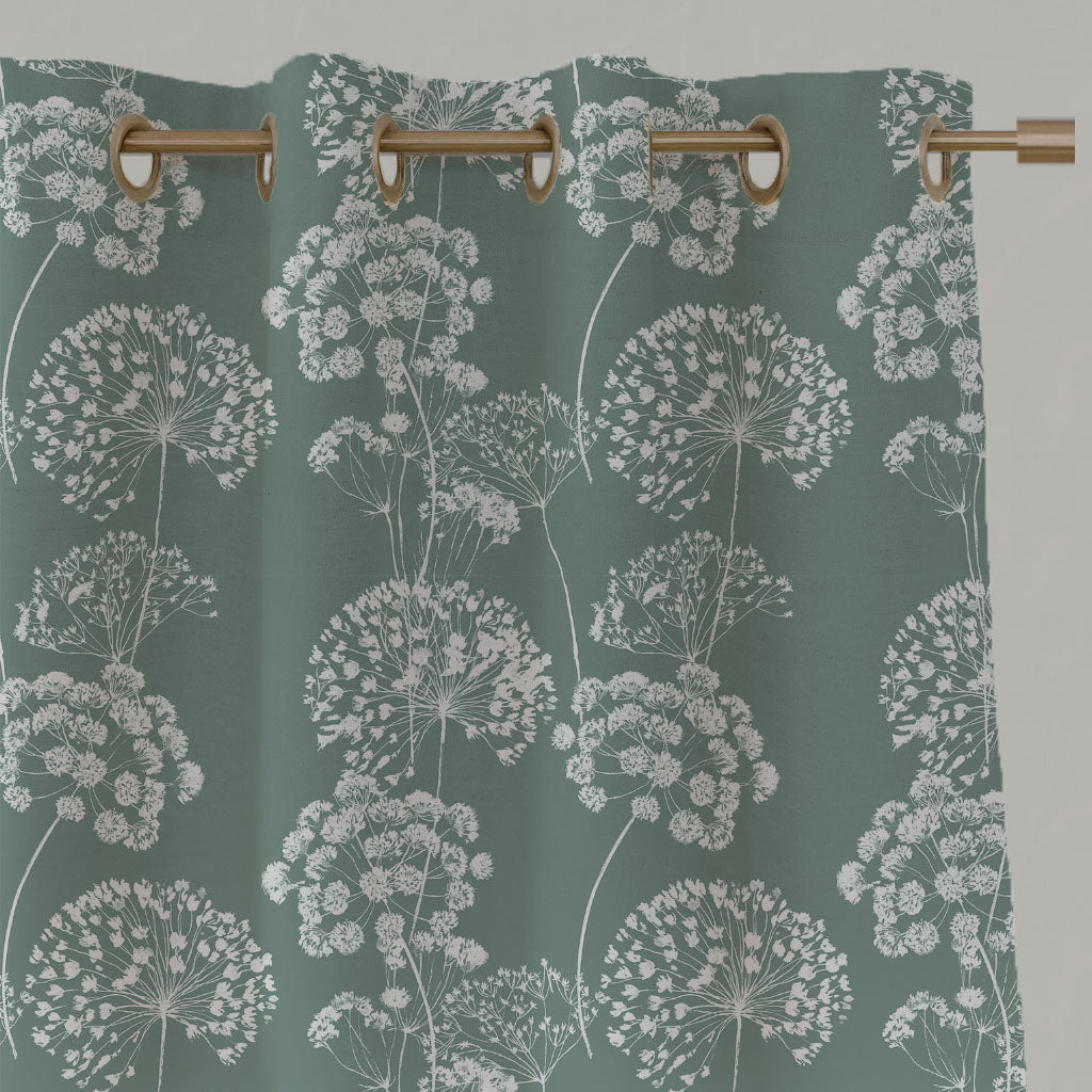 Green Floral Linen Eyelet Curtains - Erleen INV Sage - White base fabric.
