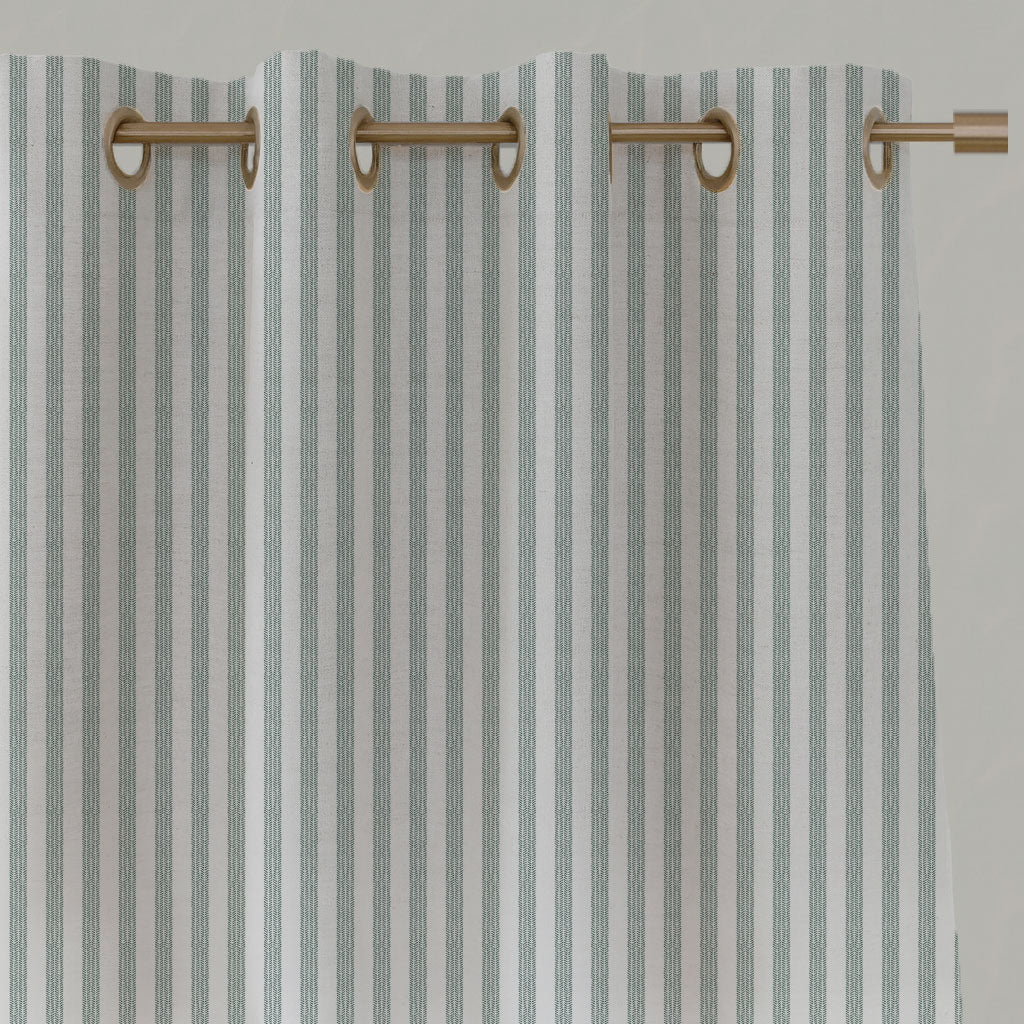 Green Striped Linen Eyelet Curtains - Evianne Sage-WHT - White base fabric.