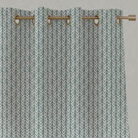 Green Patterned Linen Eyelet Curtains - Fia Sage - White base fabric.