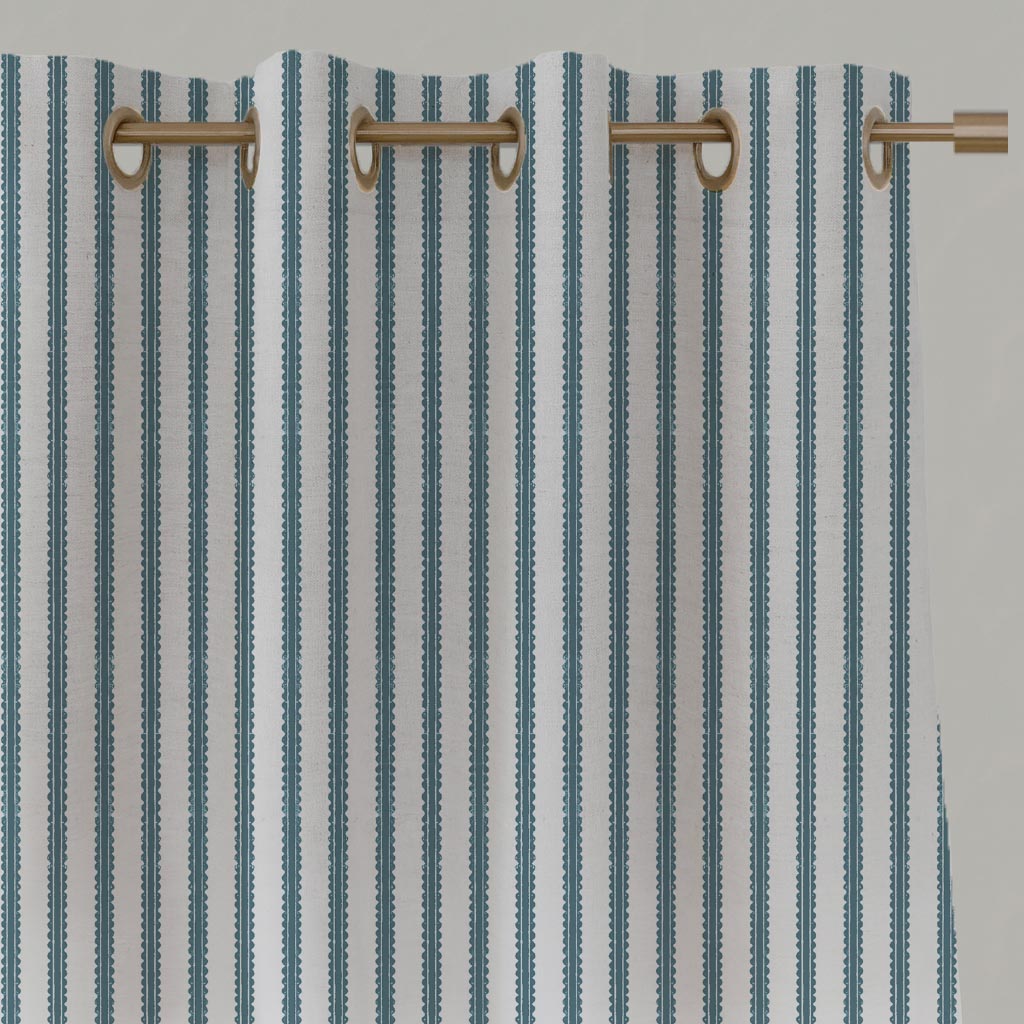 Blue Patterned Linen Eyelet Curtain - Fionna Paris Blue-WHT - White base fabric.