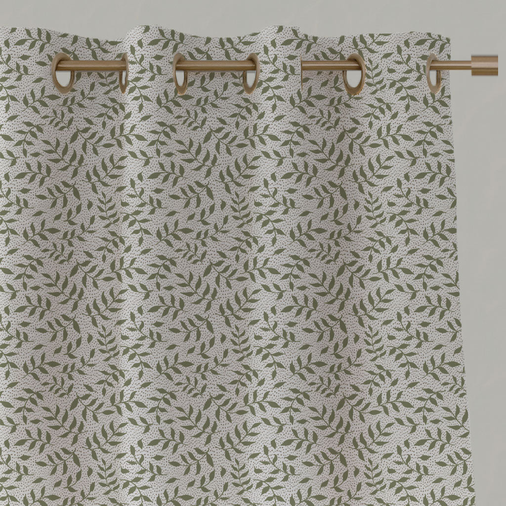 Green Botanical Linen Eyelet Curtains - Fita Moss-WHT - White base fabric.