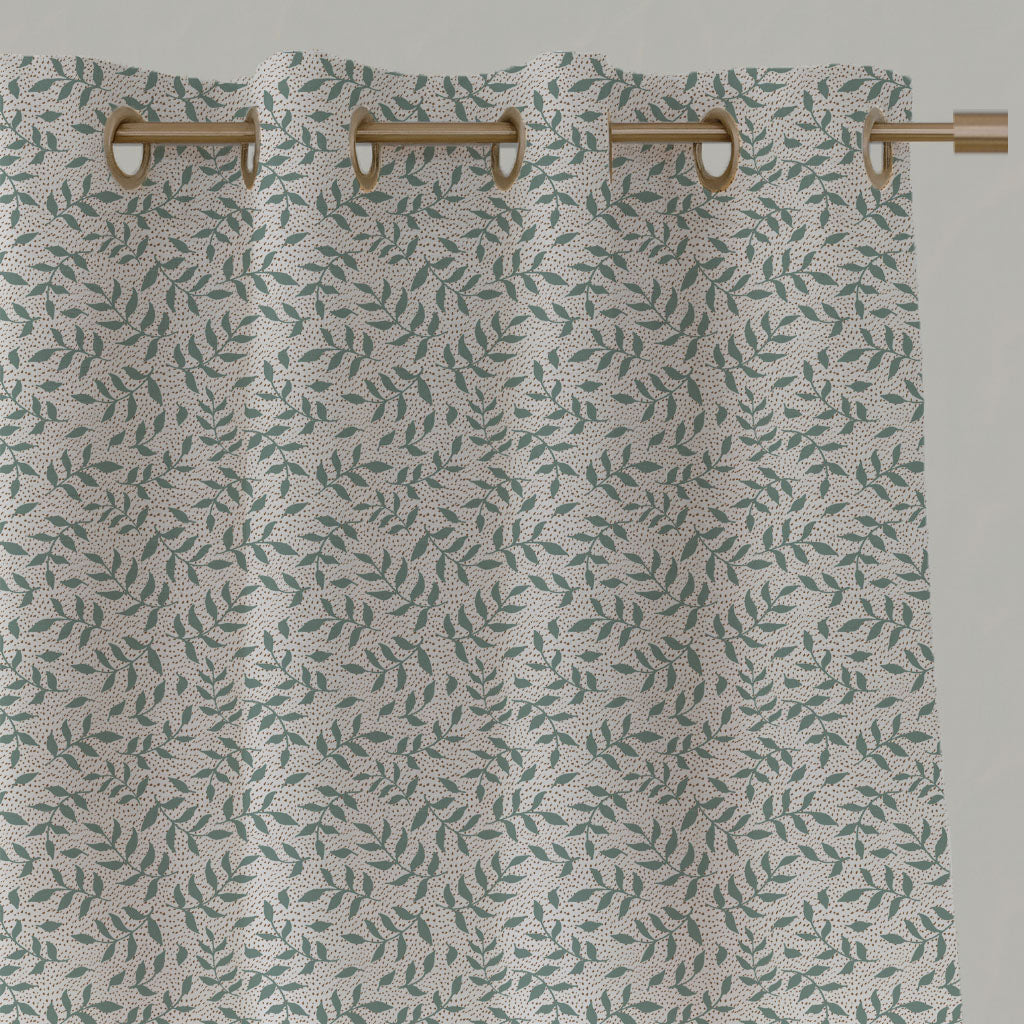 Green Botanical Linen Eyelet Curtains - Fita Sage-WHT - White base fabric.