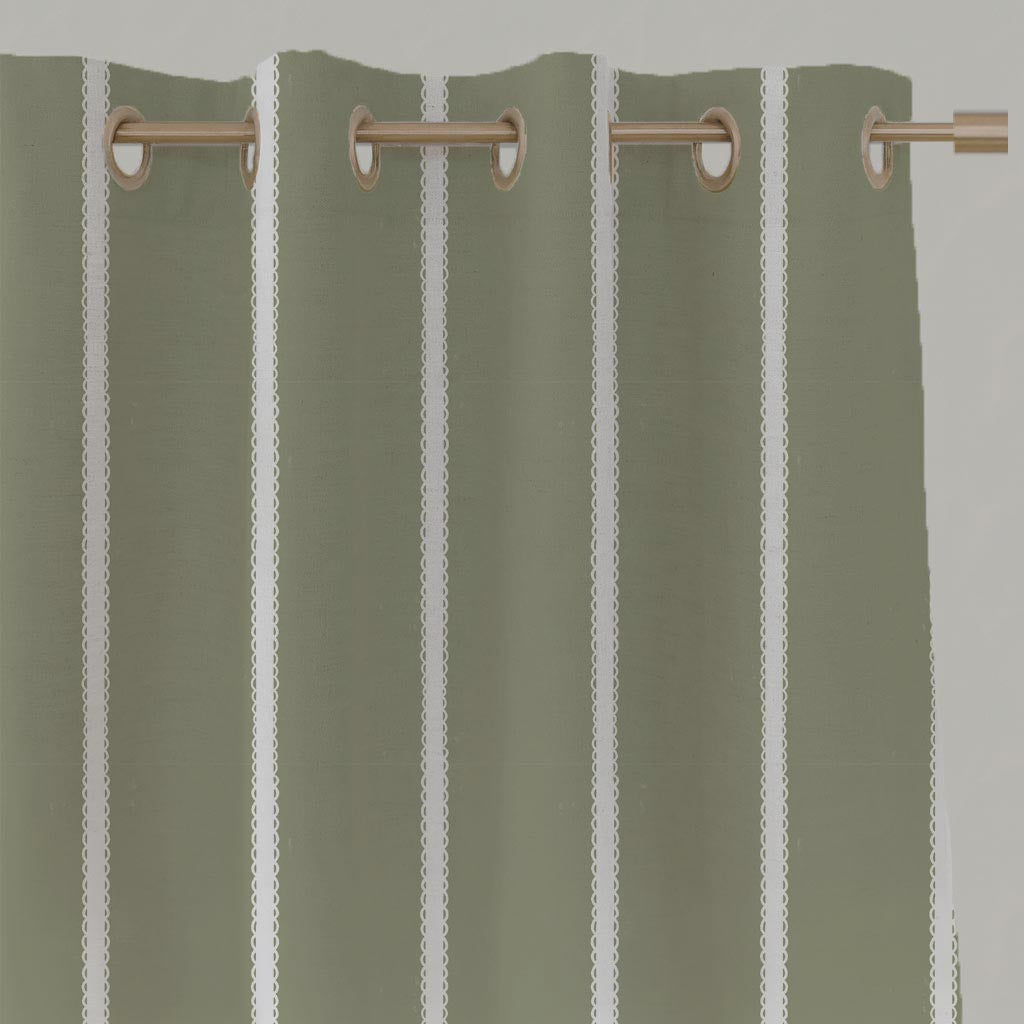 Green Striped Linen Eyelet Curtain - Franny Moss-WHT - White base fabric.