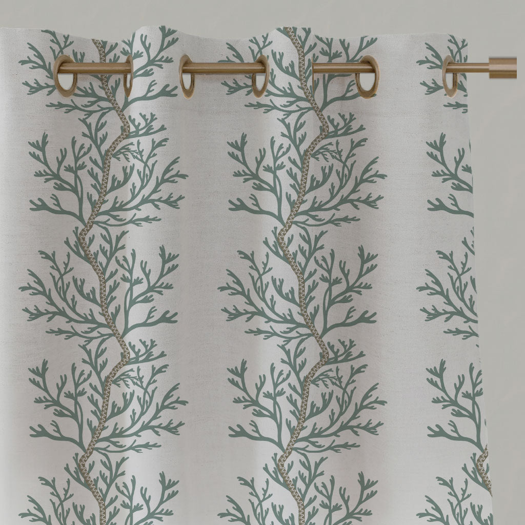 Green Botanical Linen Eyelet Curtains - Galilea Sage - White base fabric.