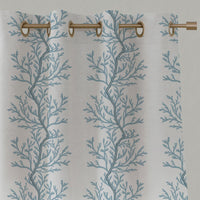 Blue Botanical Linen Eyelet Curtains - Galilea Sky - White base fabric.