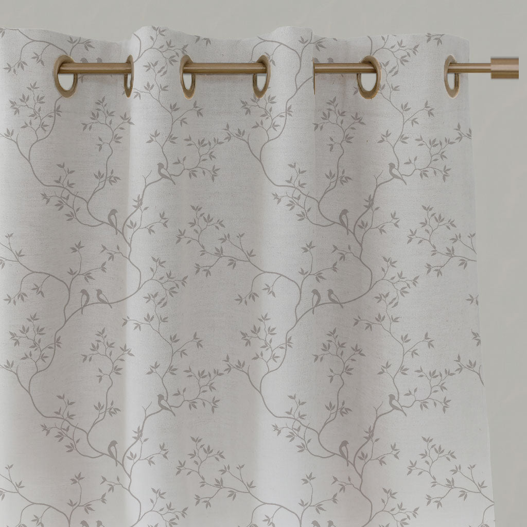 Neutral / Grey Botanical Linen Eyelet Curtains - Goldfinch Grey Sand WHT - White base fabric.