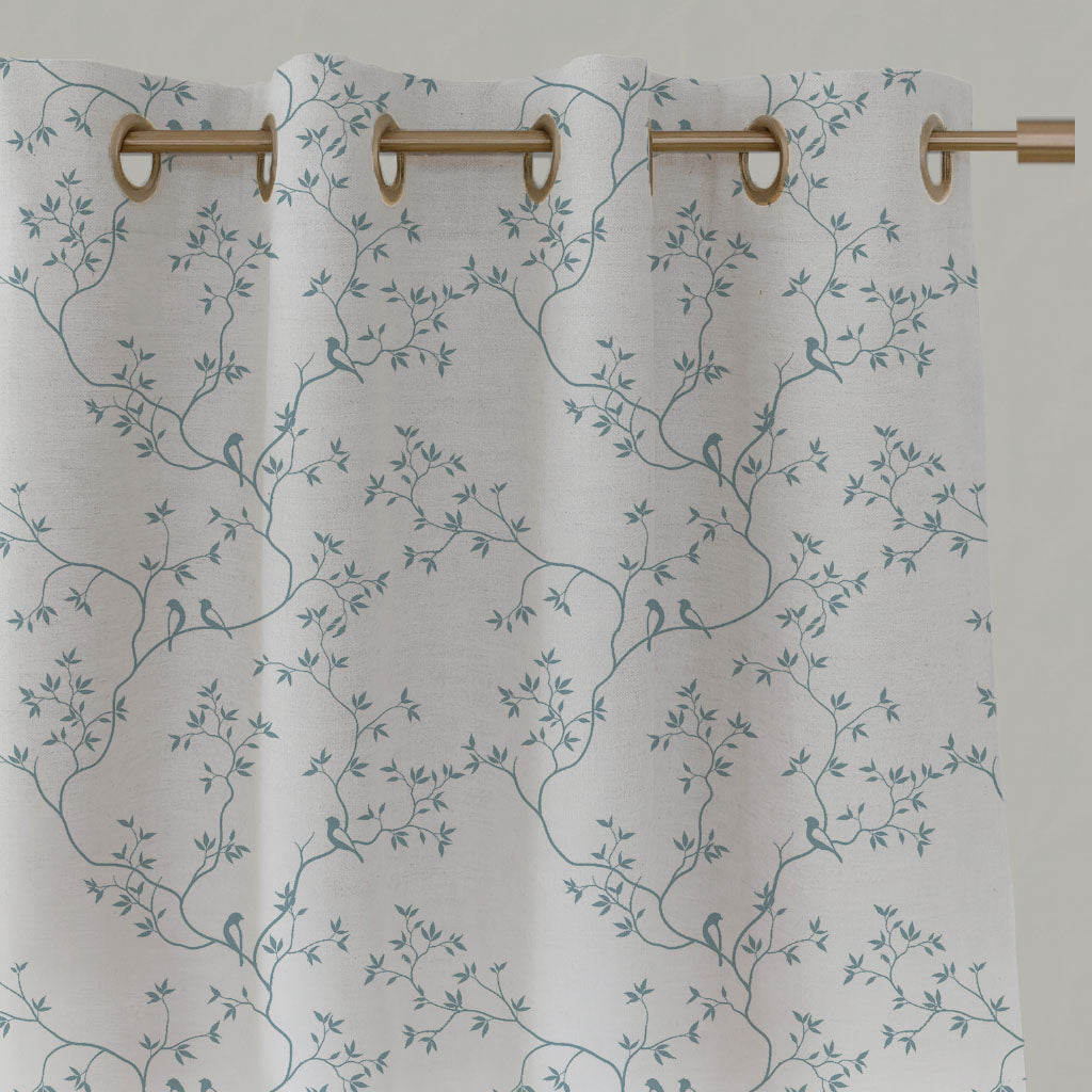 Blue Botanical Linen Eyelet Curtains - Goldfinch Shadow Blue WHT - White base fabric.