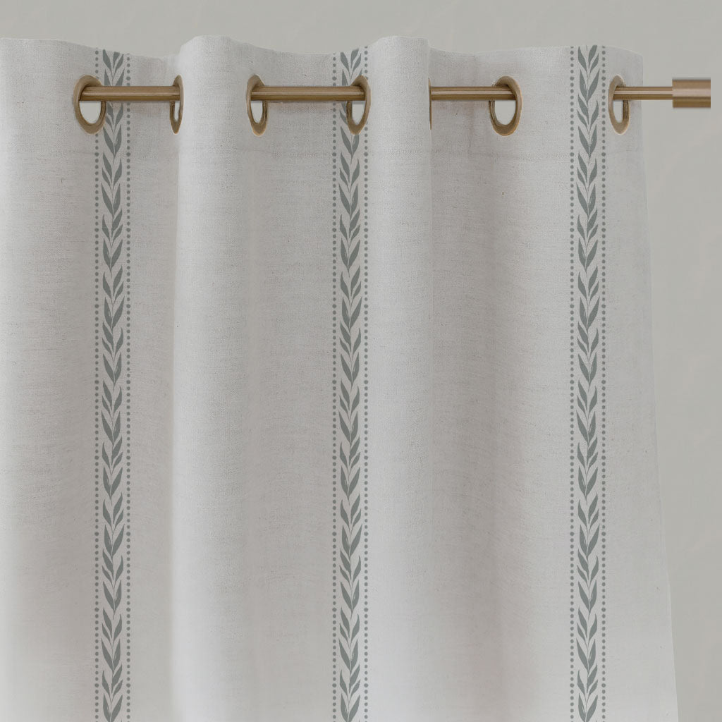 Grey Striped Linen Eyelet Curtains - Helena Greige  - White base fabric.
