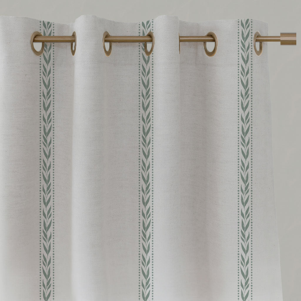 Green Striped Linen Eyelet Curtains - Helena Meadow - White base fabric.