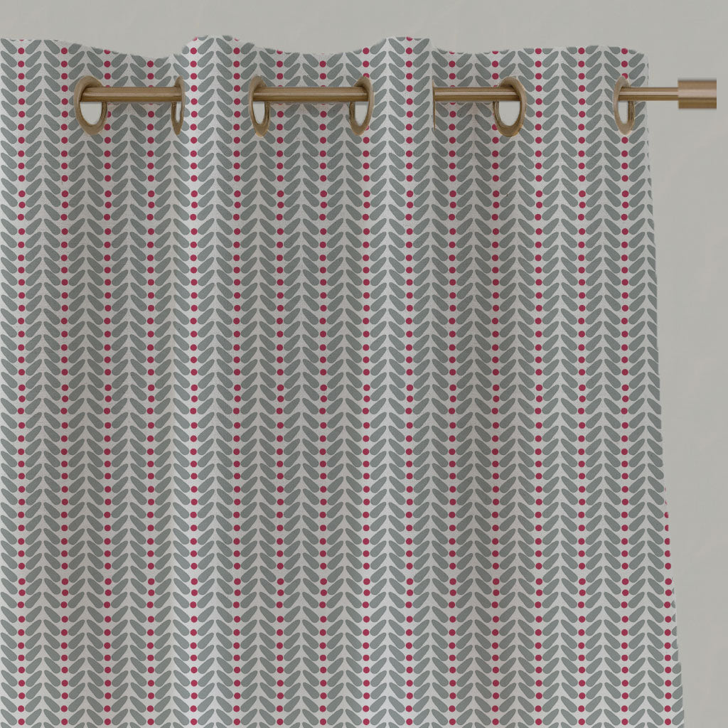 Red Patterned Linen Eyelet Curtains - Hilda Cherry - White base fabric.