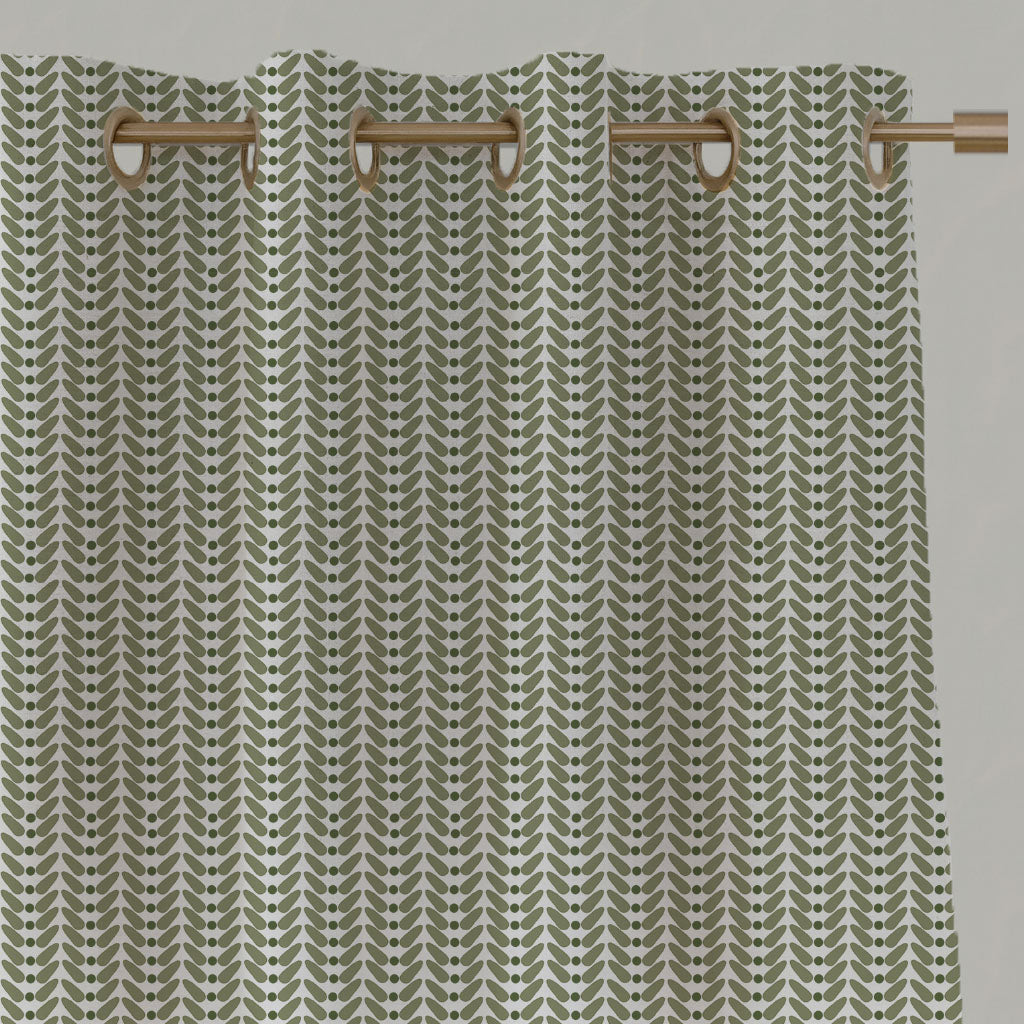 Green Patterned Linen Eyelet Curtains - Hilda Moss - White base fabric.