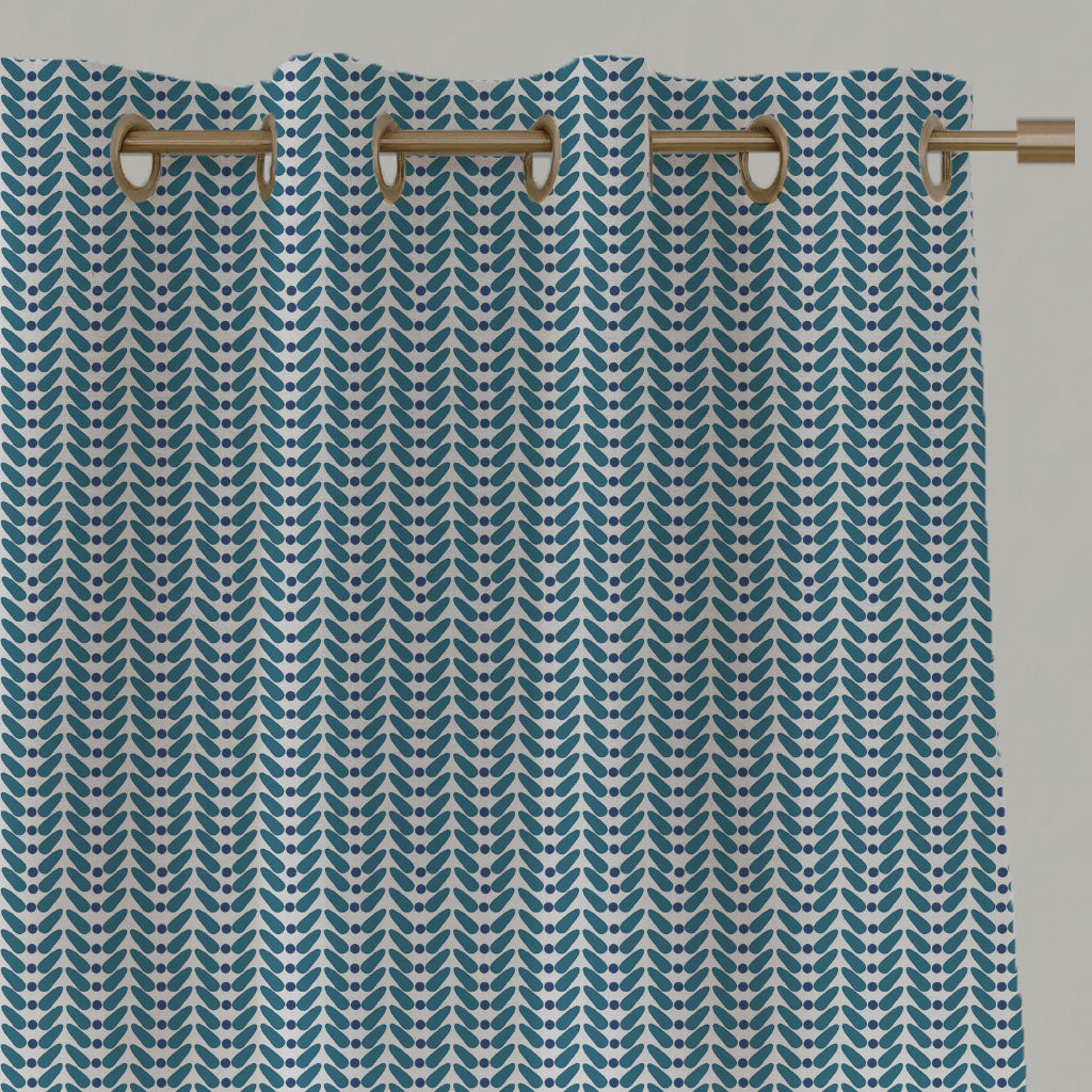 Blue Patterned Linen Eyelet Curtains - Hilda Night Blue - White base fabric.