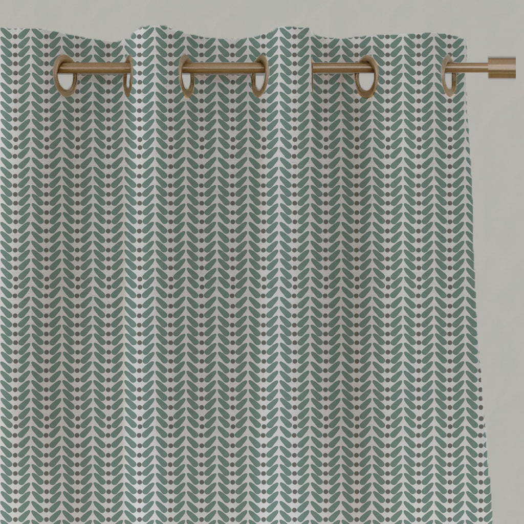 Green Patterned Linen Eyelet Curtains - Hilda Sage - White base fabric.