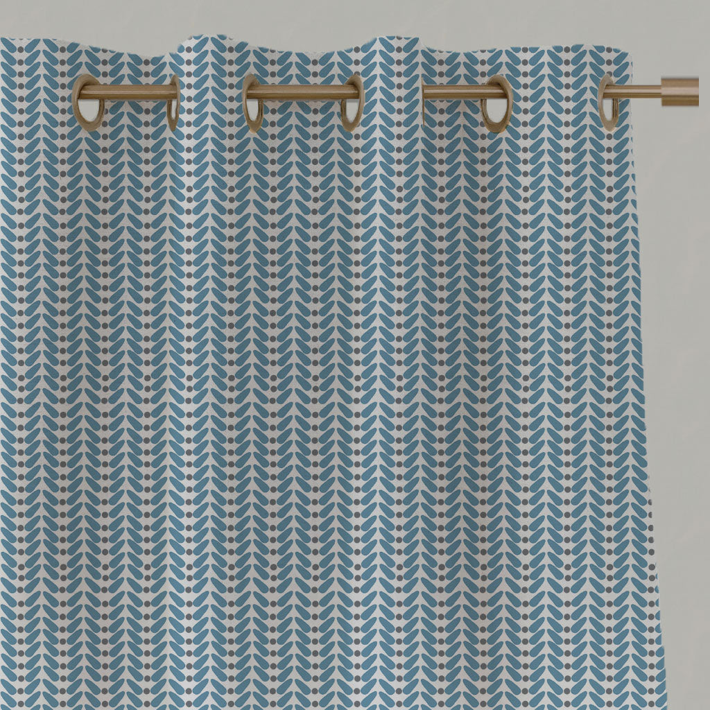 Blue Patterned Linen Eyelet Curtains - Hilda True Blue - White base fabric.