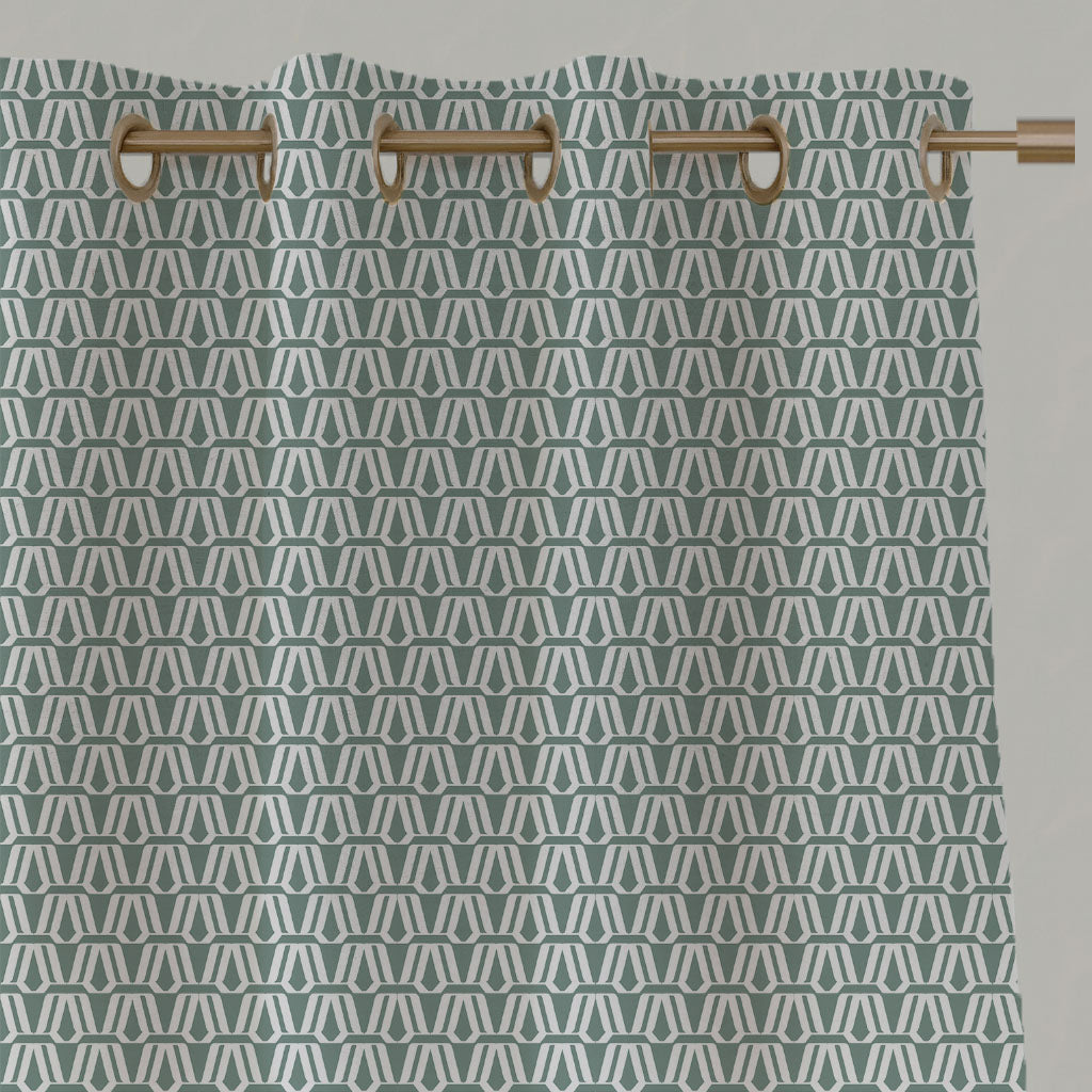 Green Patterned Linen Eyelet Curtains - Ilva Sage - White base fabric.