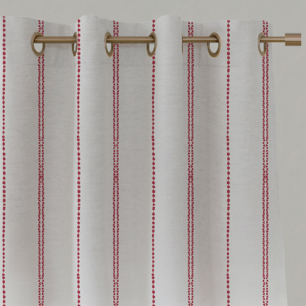 Red Striped Linen Eyelet Curtains - Inga Dream Red - White base fabric.