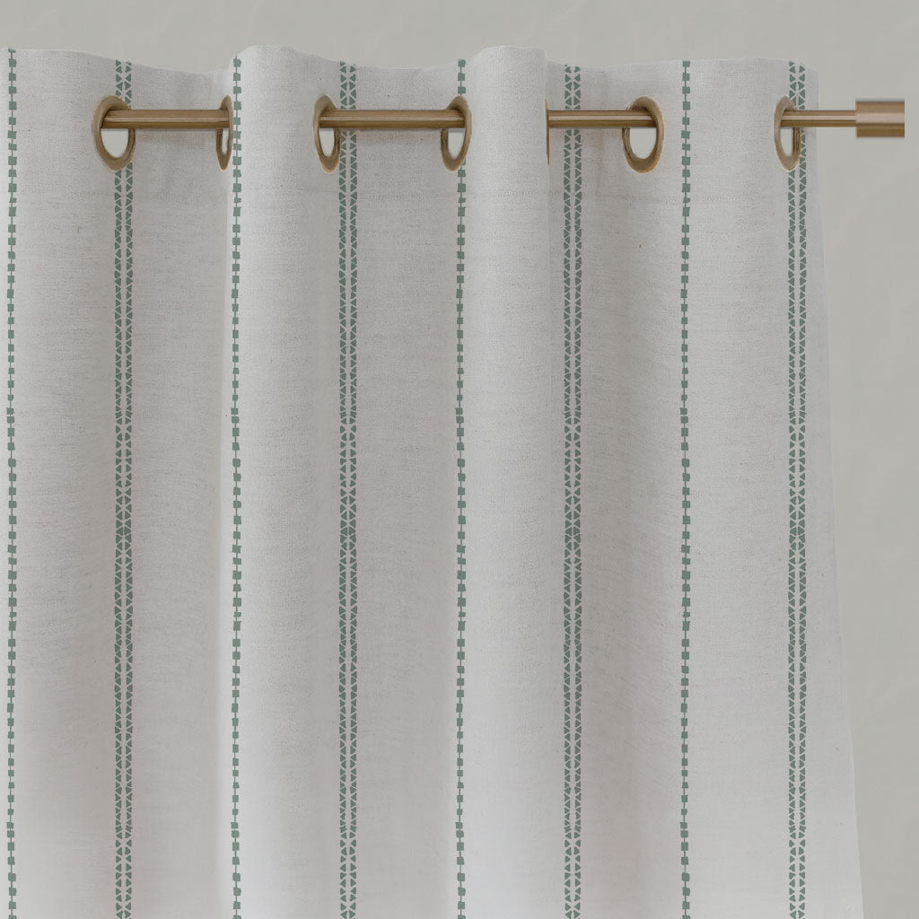 Green Striped Linen Eyelet Curtains - Inga Meadow - White base fabric.