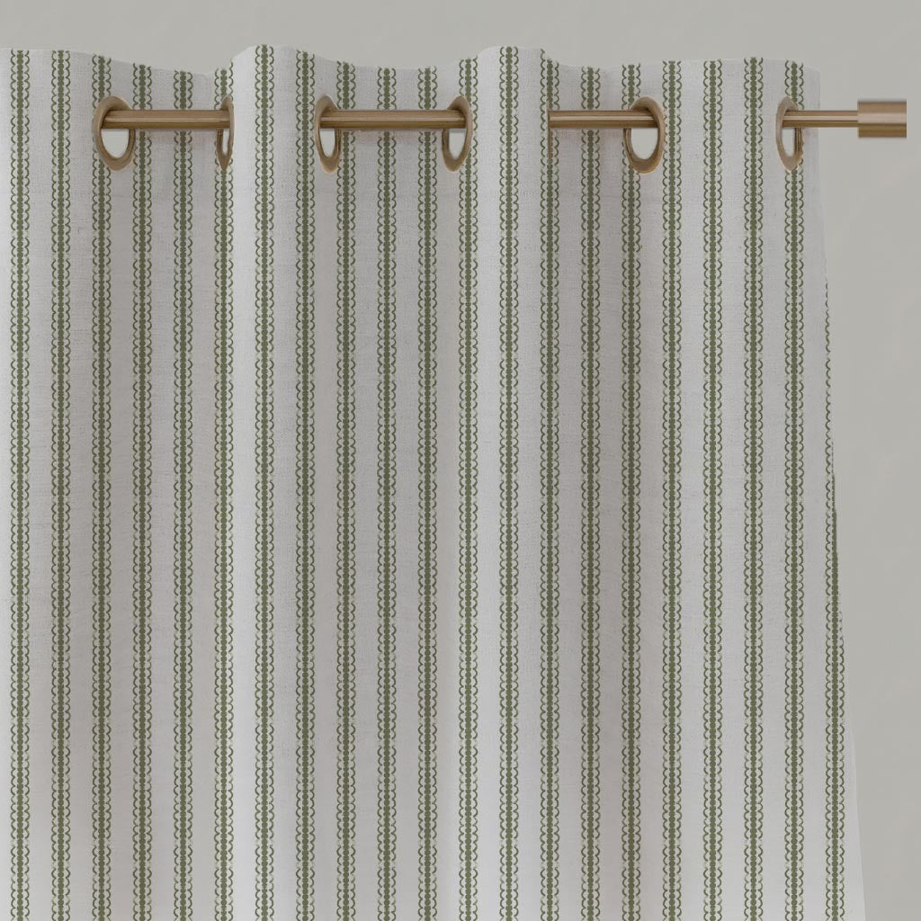 Green Striped Linen Eyelet Curtain - Kamillah Moss-WHT - White base fabric.
