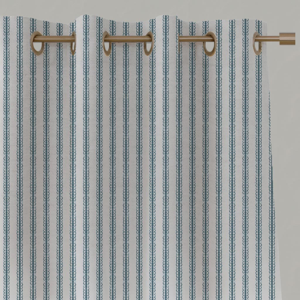 Blue Striped Linen Eyelet Curtain - Kamillah Paris Blue-WHT - White base fabric.
