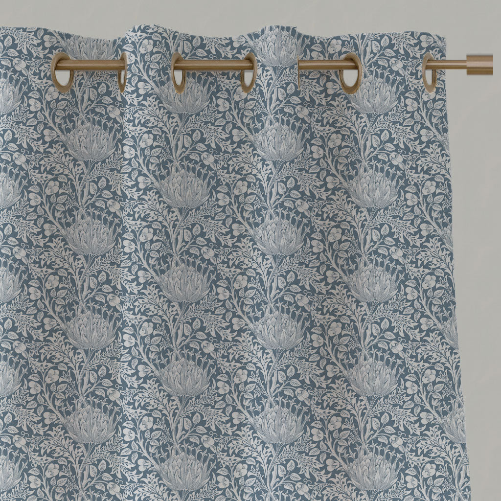 Blue Floral Linen Eyelet Curtains - Katarina Agate Blue - White base fabric.