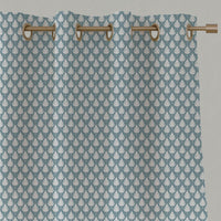 Blue Botanical Linen Eyelet Curtains - Kira Shadow Blue - White base fabric.
