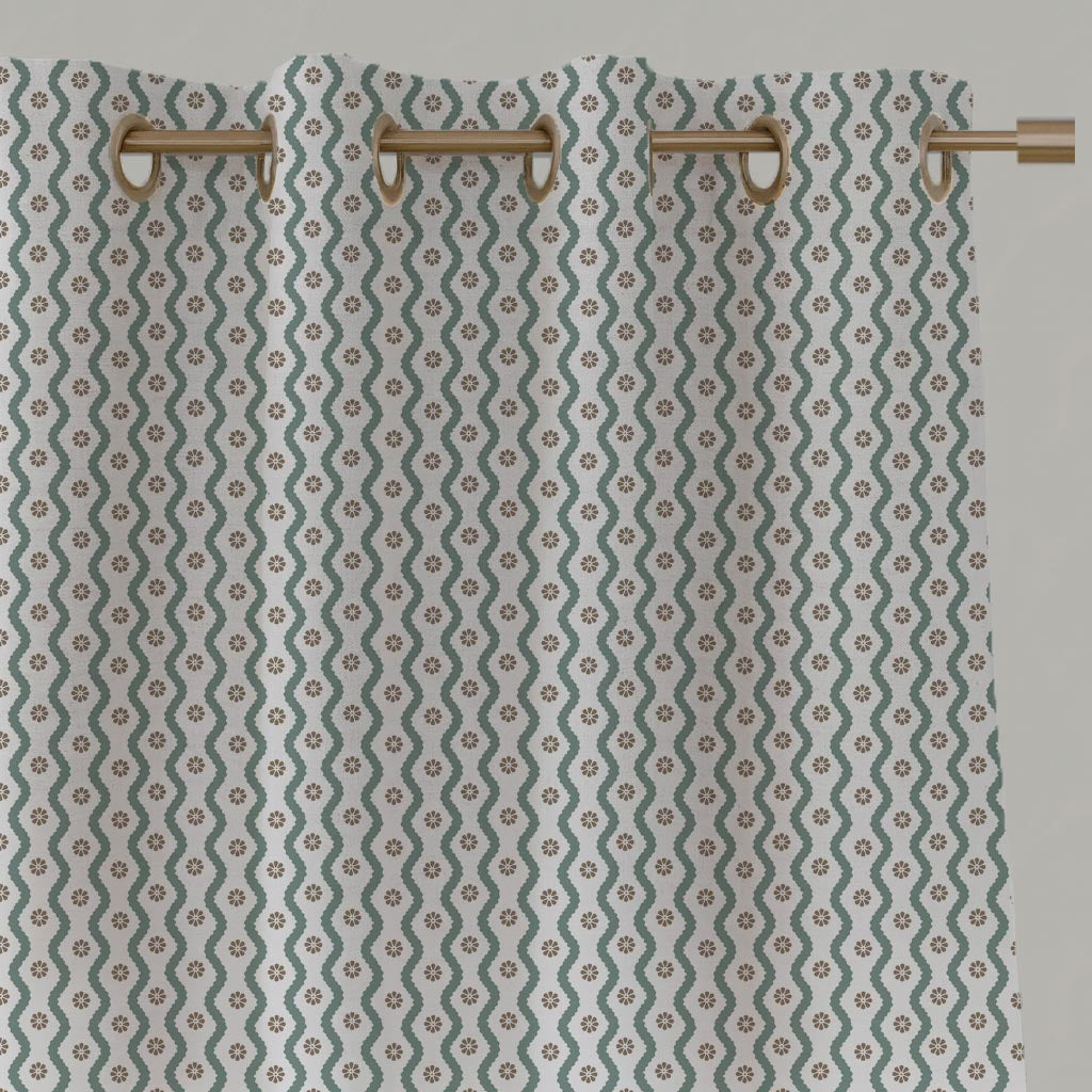 Light Green Abstract Linen Eyelet Curtain - Kirabe Sage-WHT - White base fabric.