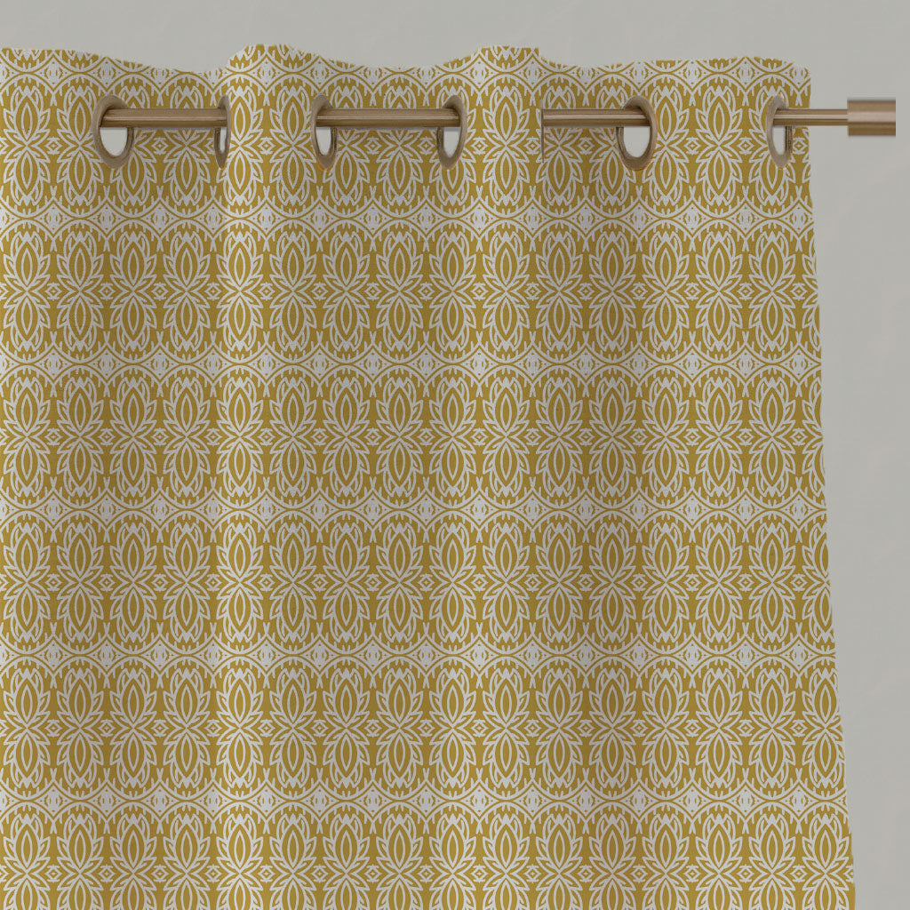 Yellow Patterned Linen Eyelet Curtains - Kjersti Dijon - White base fabric.