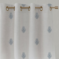 Blue Floral Linen Eyelet Curtains - Lisana Agate Blue - White base fabric.