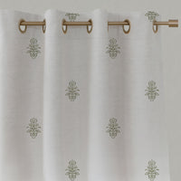 Green Floral Linen Eyelet Curtains - Lisana Moss - White base fabric.