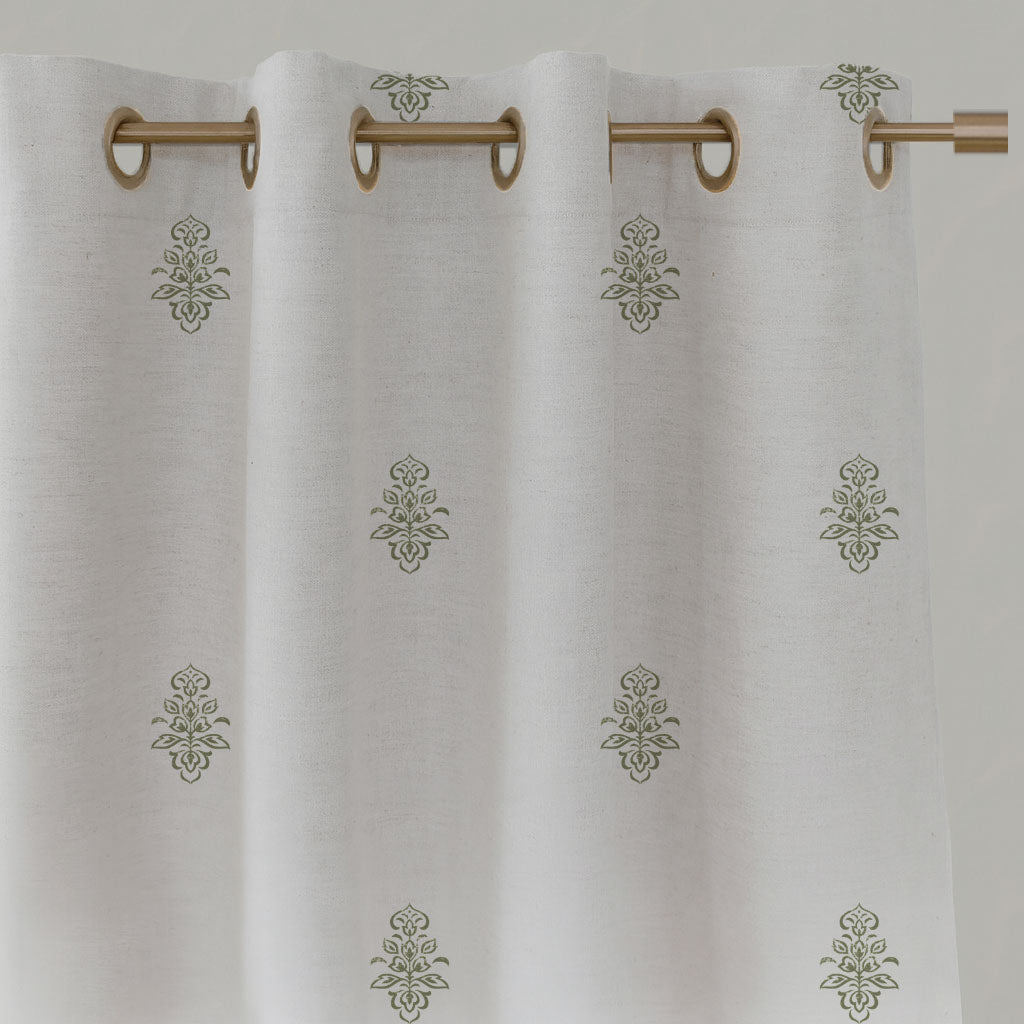 Green Floral Linen Eyelet Curtains - Lisana Moss - White base fabric.