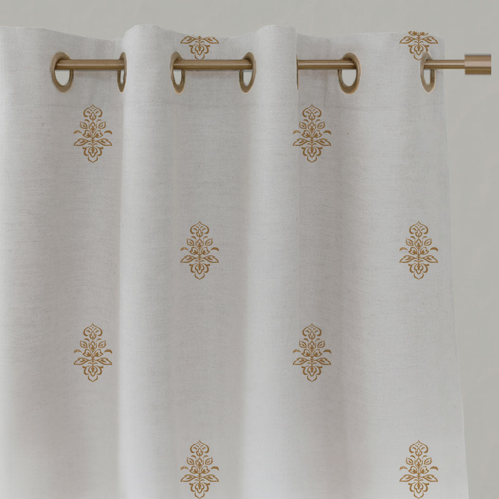Orange / Yellow Floral Linen Eyelet Curtains - Lisana Ochre - White base fabric.