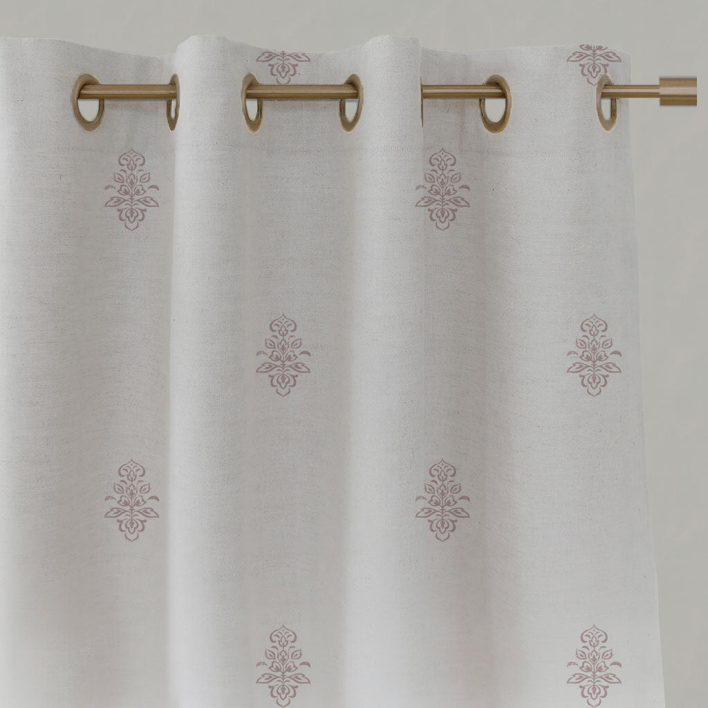 Pink Floral Linen Eyelet Curtains - Lisana Peony - White base fabric.
