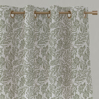 Green Botanical Linen Eyelet Curtains - Lisbell Moss-WHT - White base fabric.