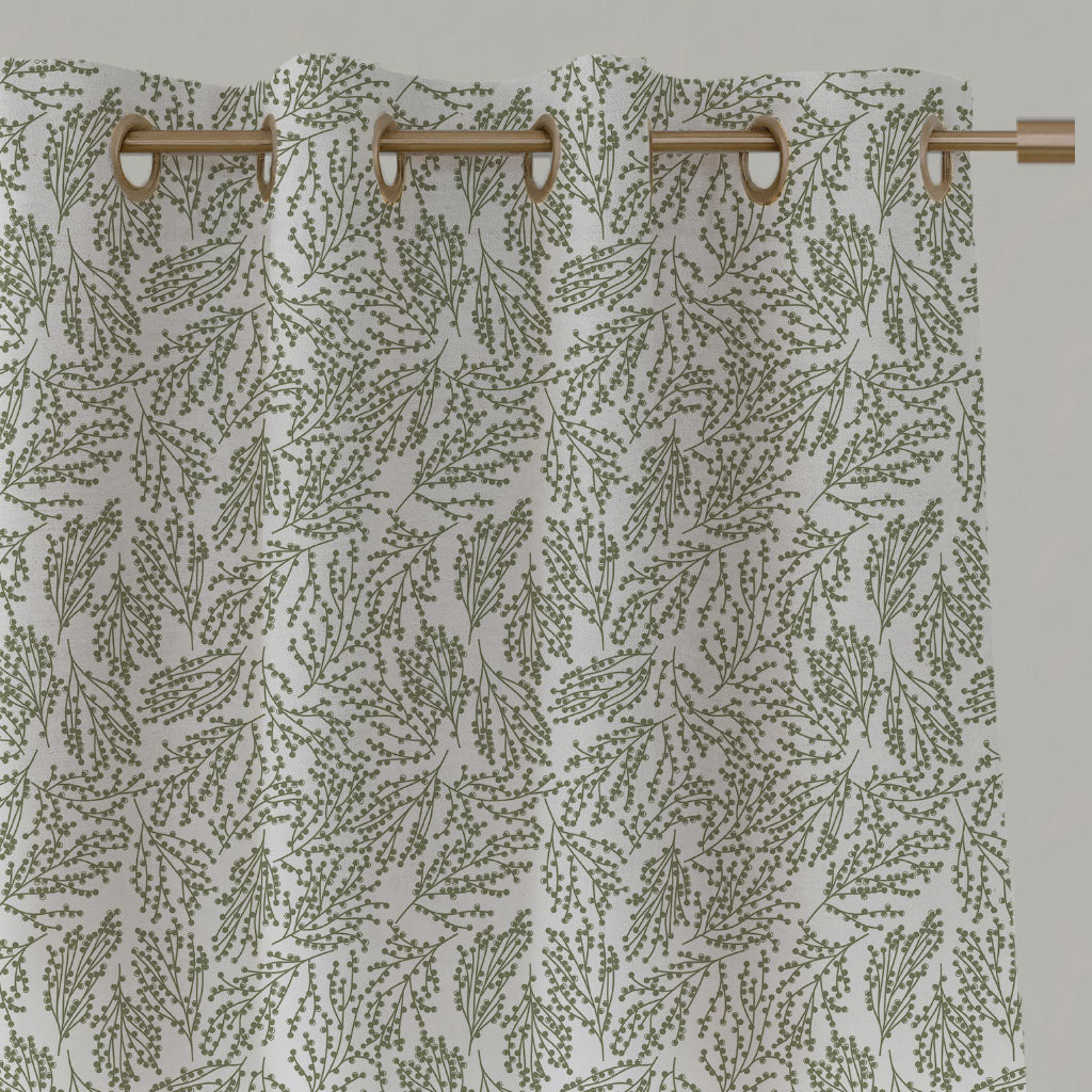 Green Botanical Linen Eyelet Curtains - Lisbell Moss-WHT - White base fabric.