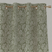 Green Botanical Linen Eyelet Curtains - Lisbell Moss - White base fabric.