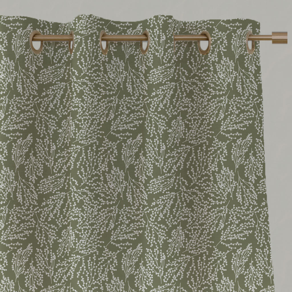 Green Botanical Linen Eyelet Curtains - Lisbell Moss - White base fabric.