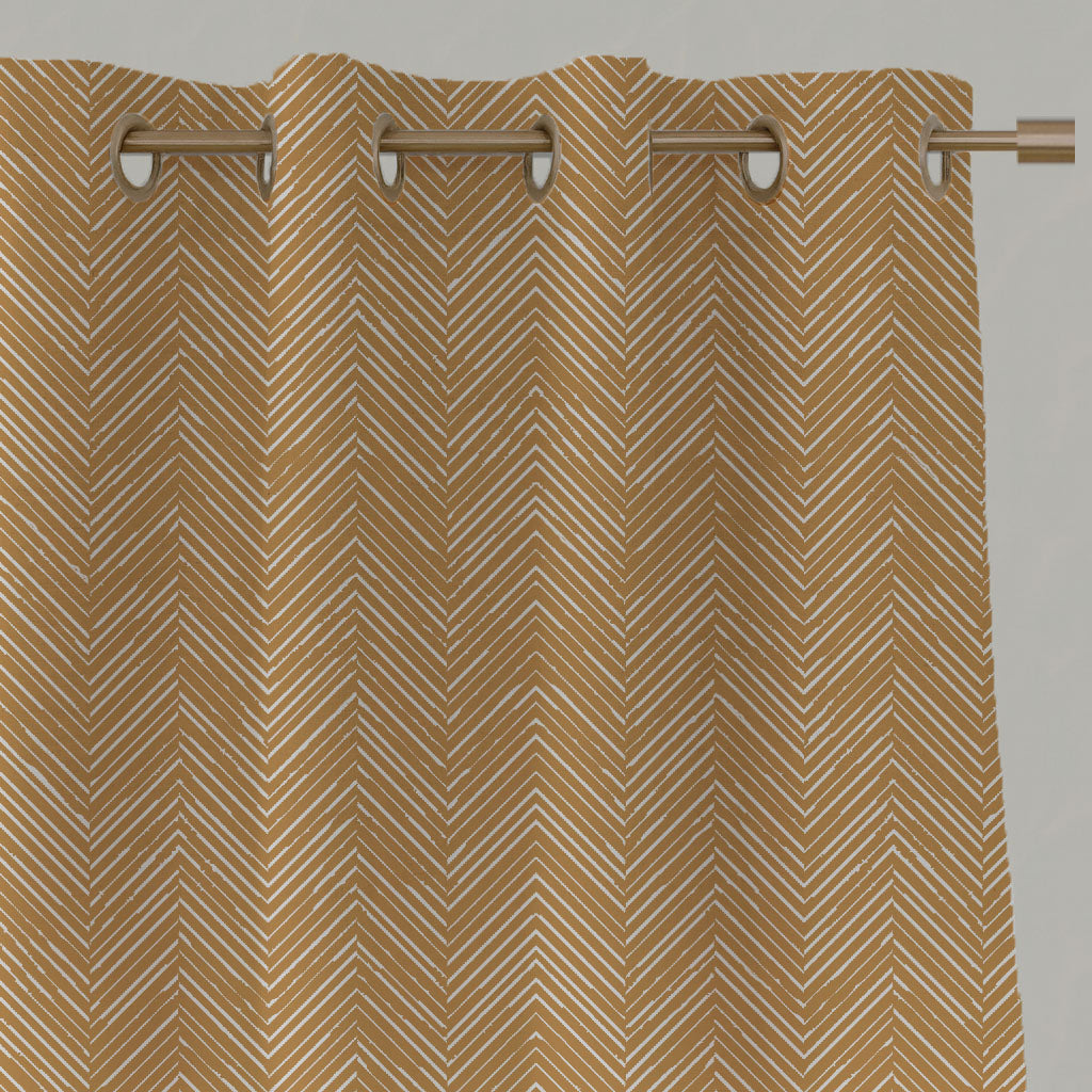 Orange / Yellow Patterned Linen Eyelet Curtains - Lulu Ochre - White base fabric.