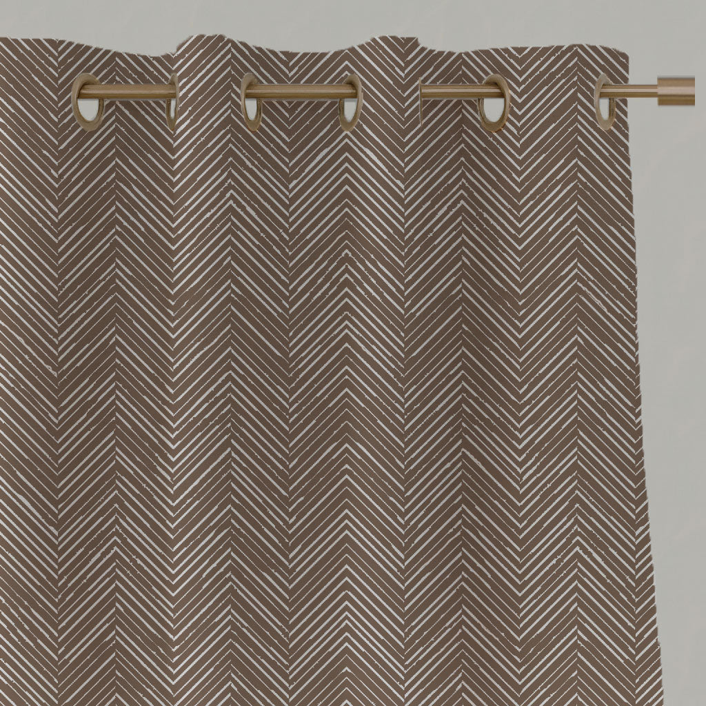 Brown Patterned Linen Eyelet Curtains - Lulu Umber - White base fabric.