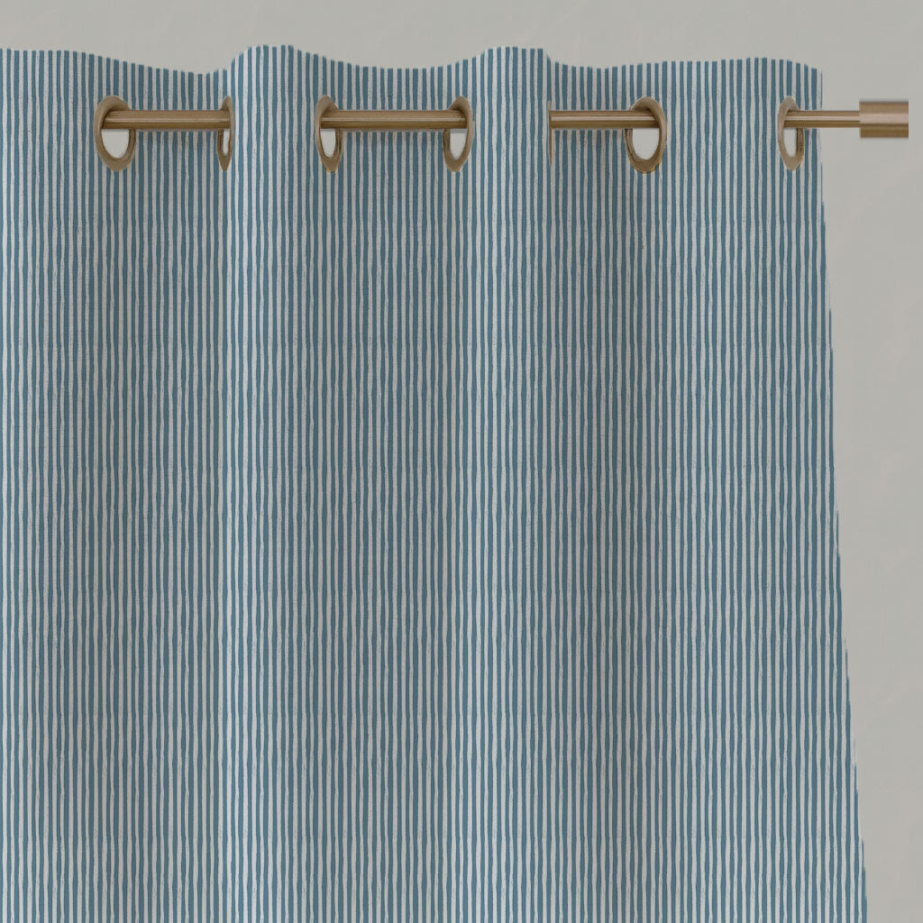 Blue Striped Linen Eyelet Curtains - Maisa Blue Grey - White base fabric.