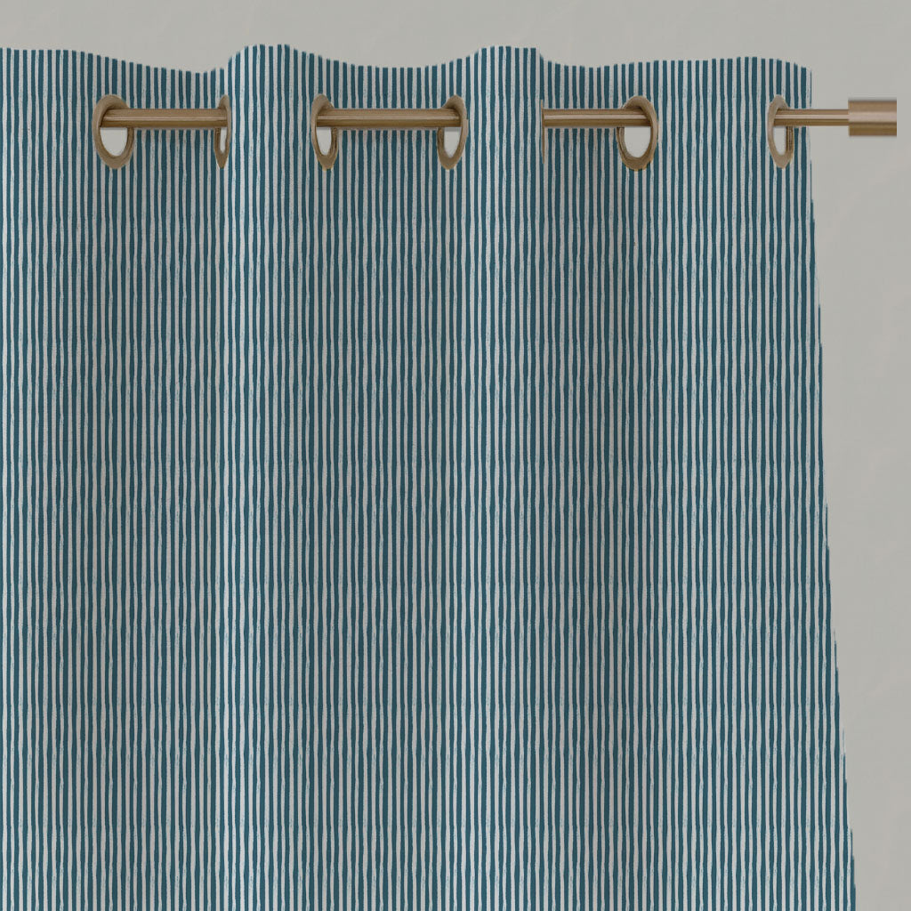 Blue Striped Linen Eyelet Curtains - Maisa Blue Stone - White base fabric.