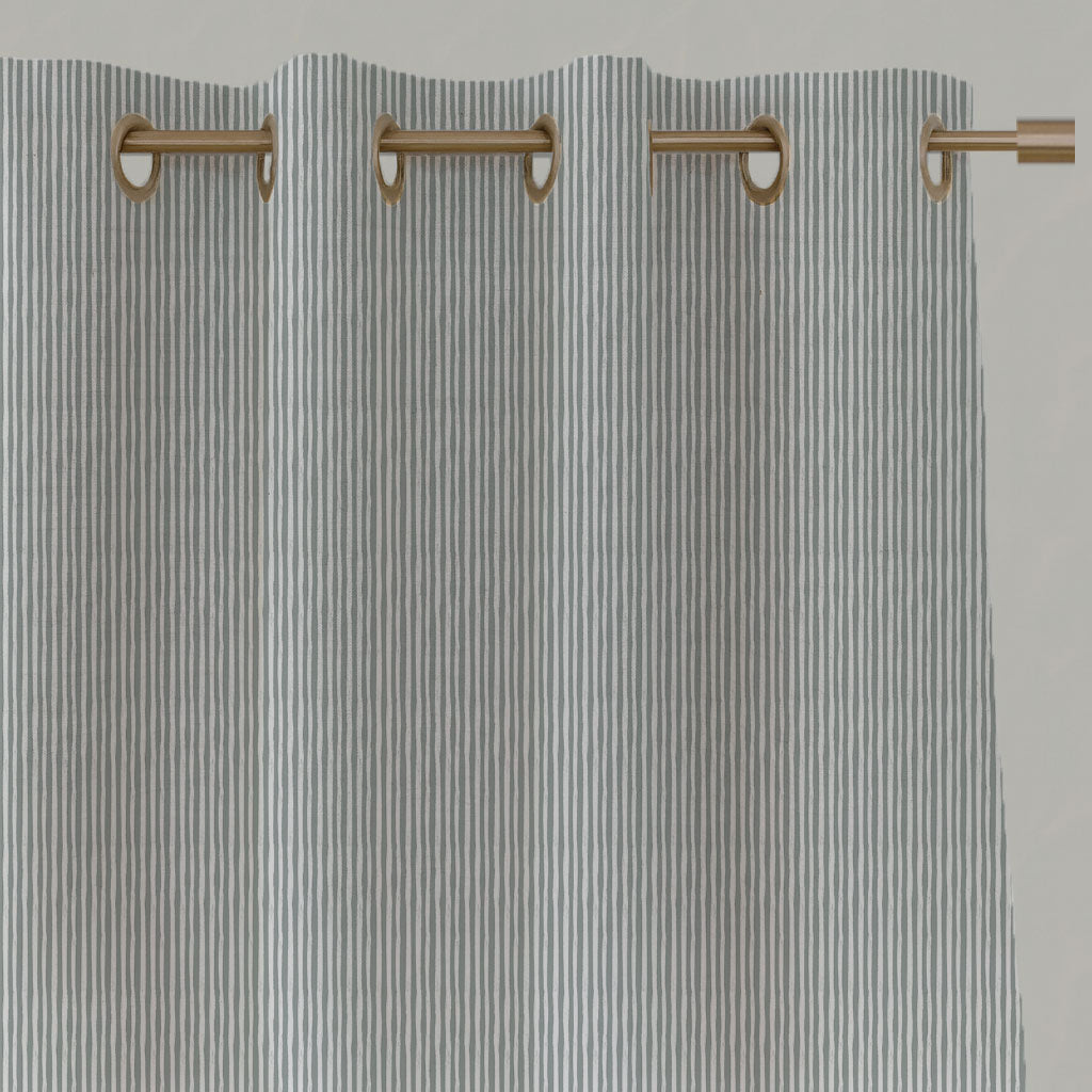 Grey Striped Linen Eyelet Curtains - Maisa Greige - White base fabric.