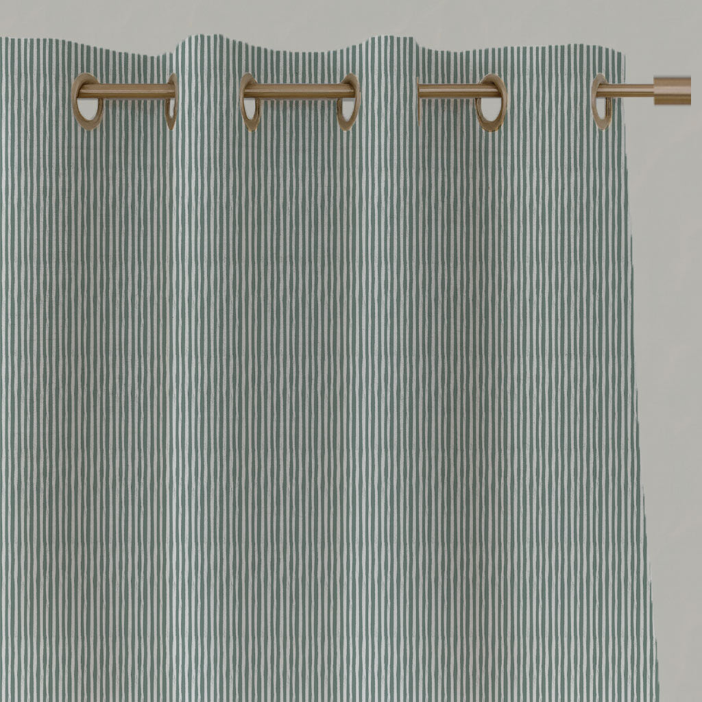 Green Striped Linen Eyelet Curtains - Maisa Sage - White base fabric.